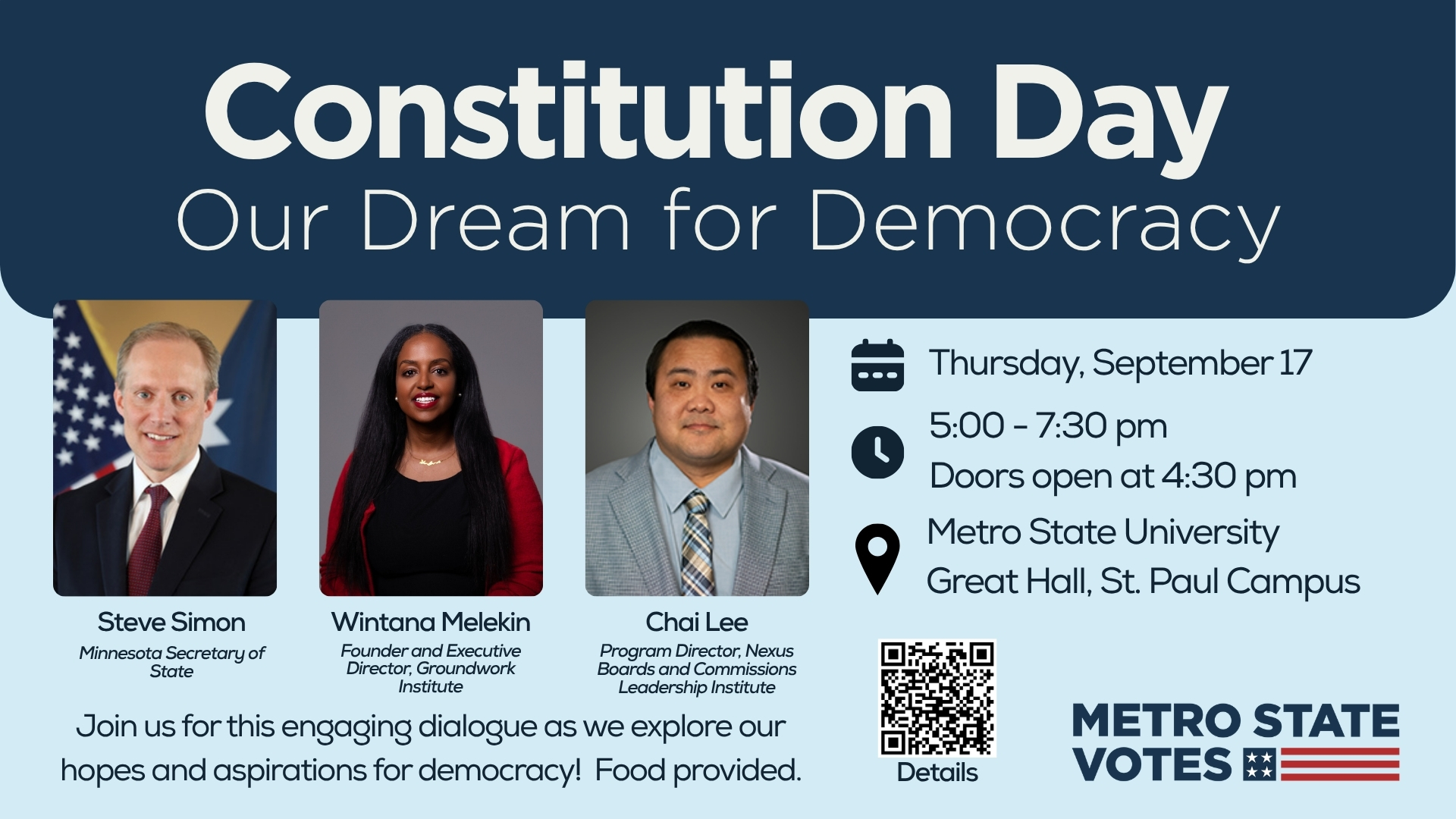 Event graphic featuring photos of three adults and black text on blue background